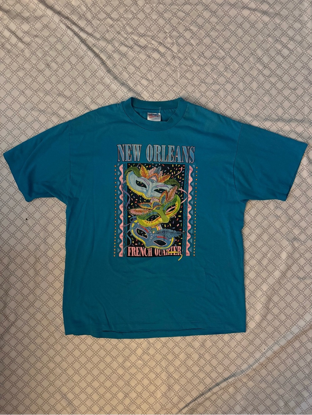 Vintage Single Stitch New Orleans Teal Graphic T-Shirt - Mardi Gras Mask Design